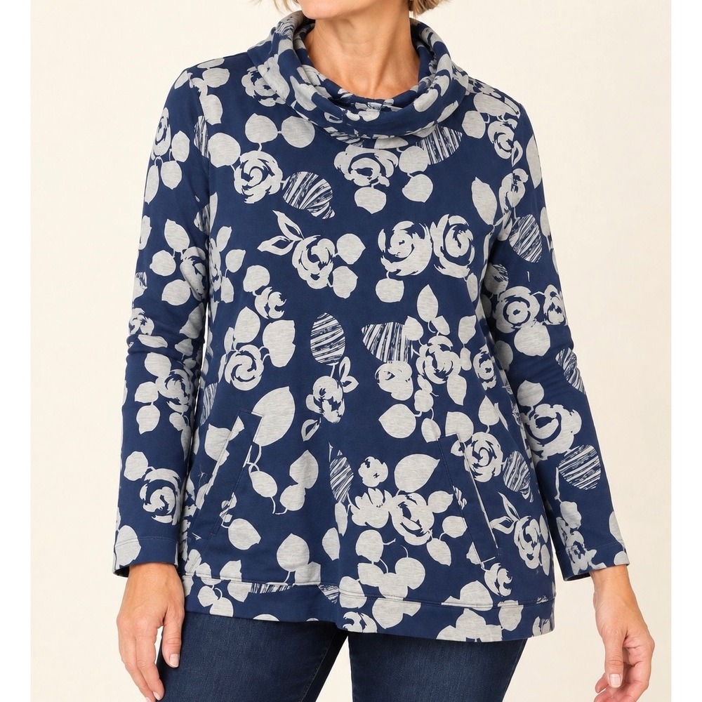 Denim & Co Active Womens Large Navy Blue Floral Cowl Neck Tunic Sweatshirt
